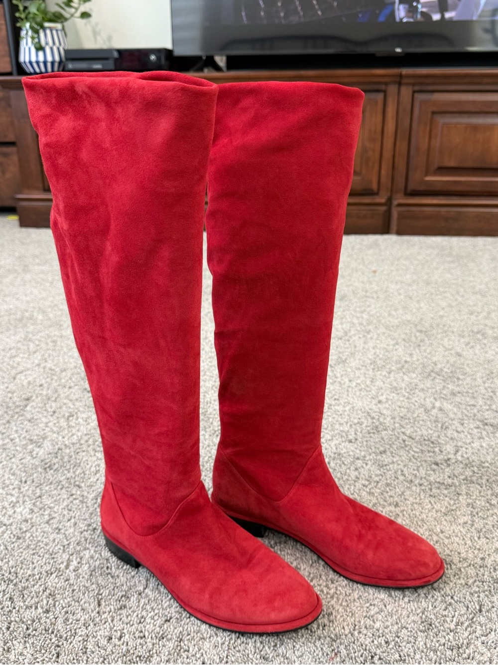 Stuart Weitzman Red Knee High Flat Suede Boots Tall Slouchy Women’s US 6.5 M
